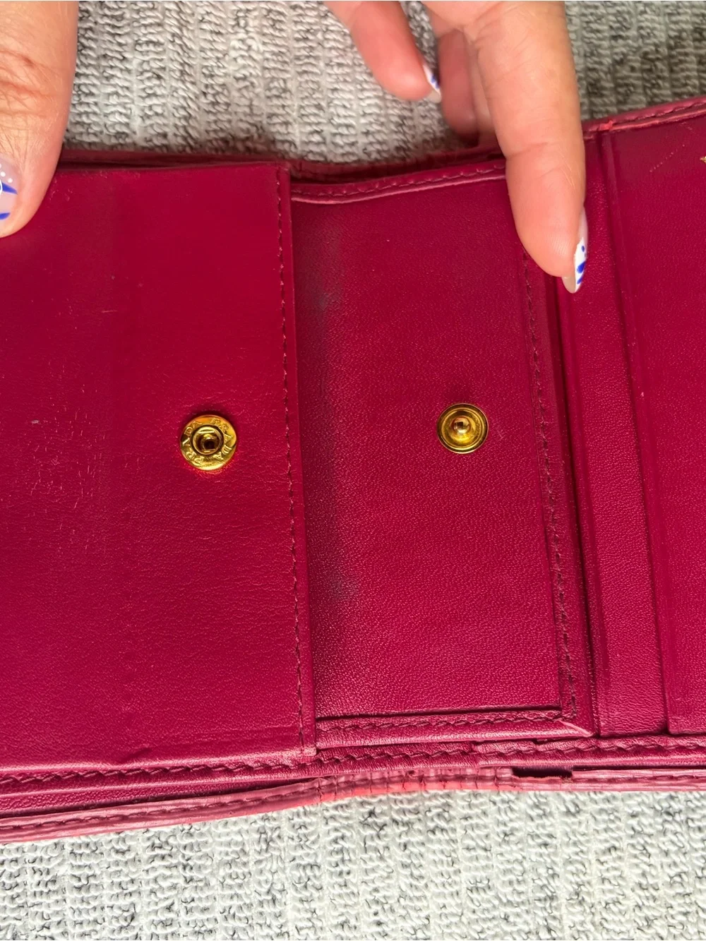 Authentic Prada Saffiano Leather Compact Wallet in deep red/berry/magenta color
